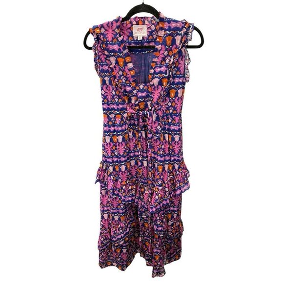 Banjanan Donna Maxi Dress Edwardian Tile Print XS Boho Sleeveless Ruffle Cotton - Picture 6 of 16